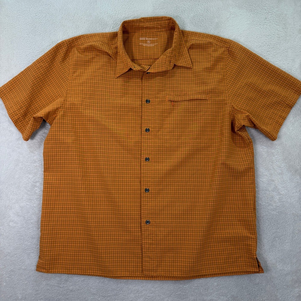 Eddie Bauer Mens XL Button Down Shirt Sport Orange Plaid Hiking Gorpcore Modern